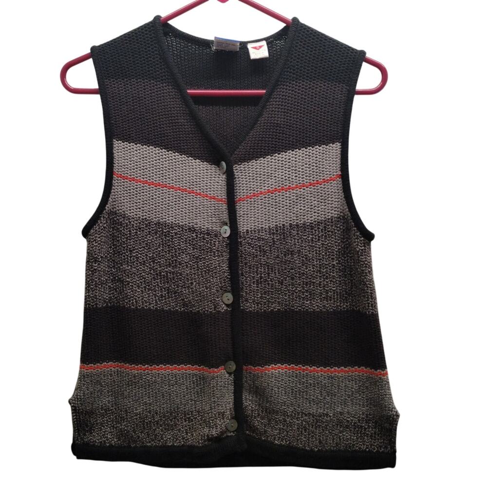 Vintage 90s Tail Women's Size Small Black Gray Button Up V-Neck Knit Golf Vest